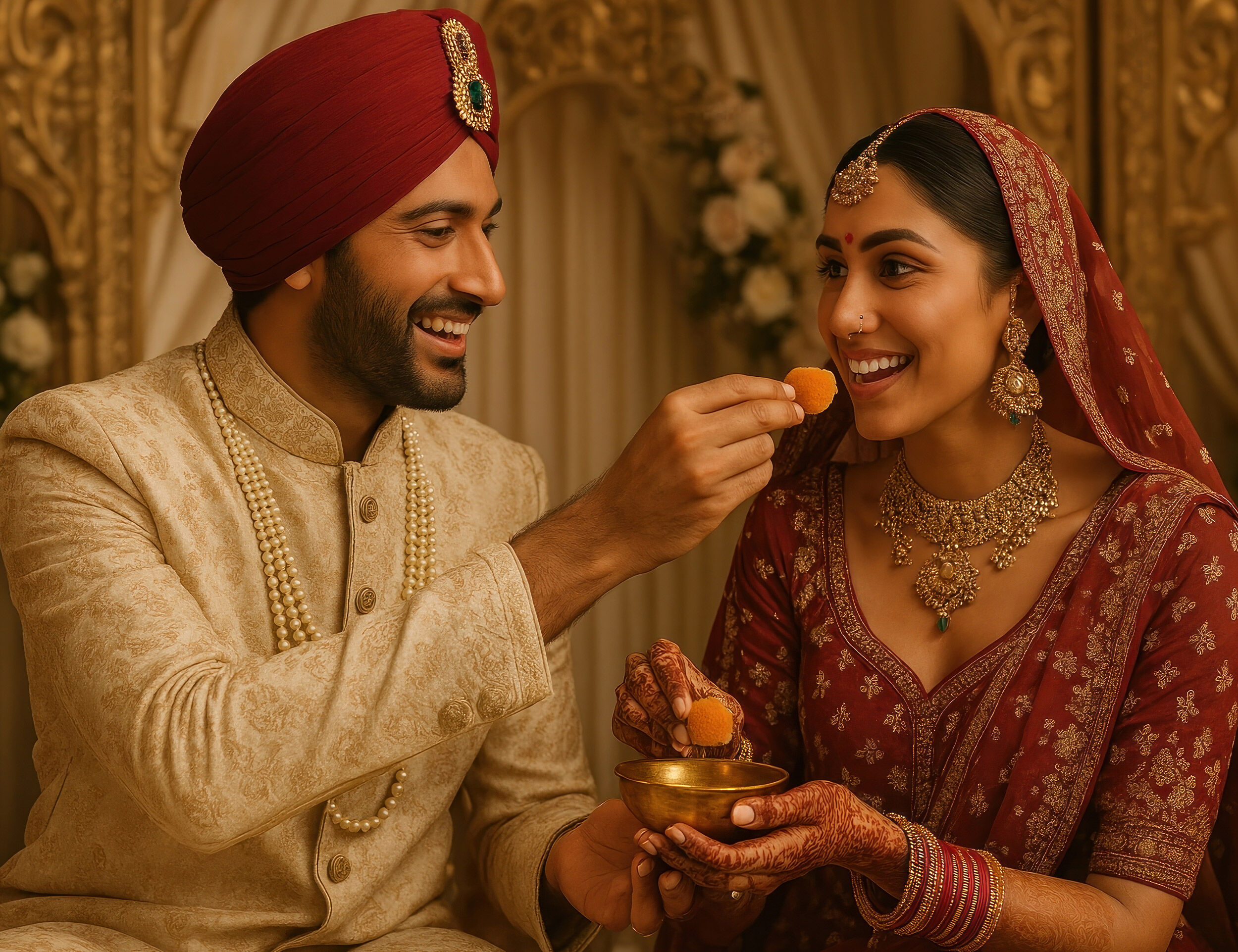 Punjabi bride and groom sharing traditional sweets during wedding celebration